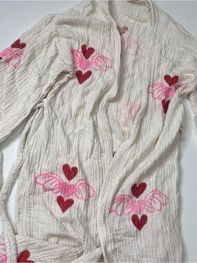 Just Jas Red W/White Hearts Wing 3/4 Sleeve Beach Cover-Up Kimono Robe OS
